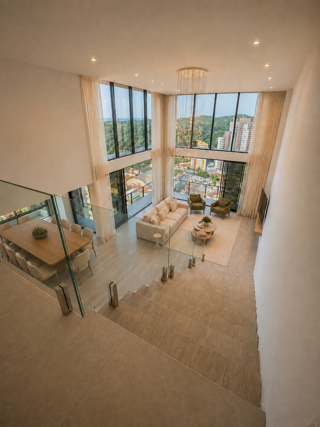 Vista superior da escada e da sala de estar do apartamento decorado (unidade de mostra), com guarda-corpo de vidro
