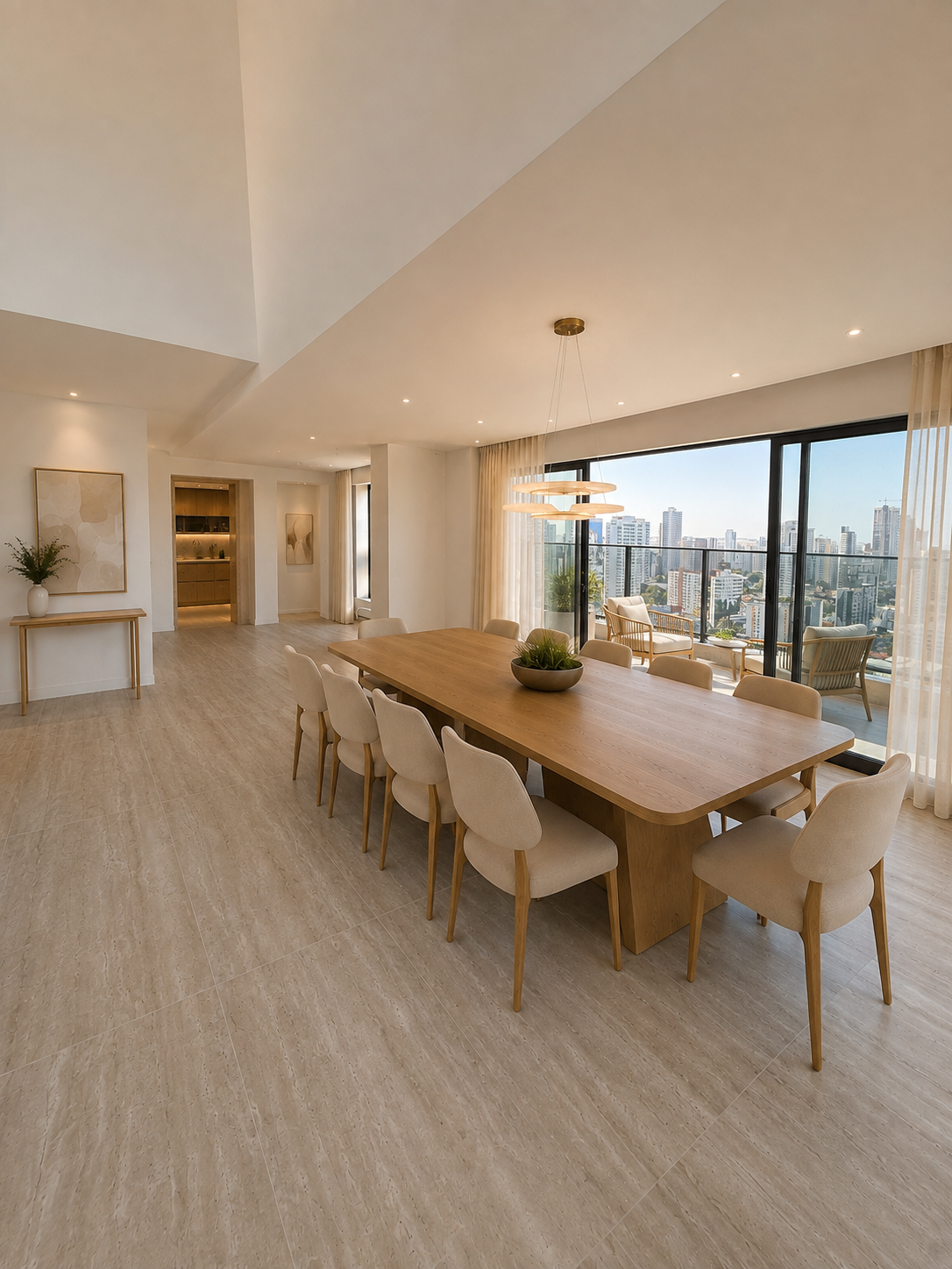 Sala de jantar do apartamento decorado (unidade de mostra), com mesa para dez lugares e vista para a cidade