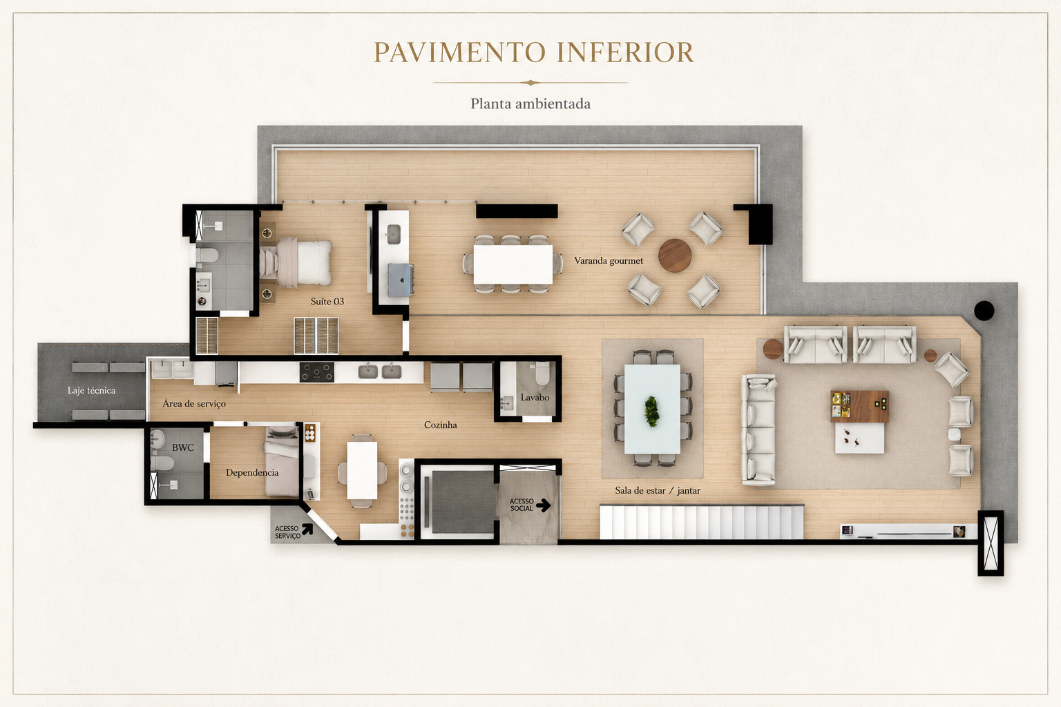 Planta baixa do pavimento inferior do duplex Afonso 1095: sala de estar e jantar, cozinha, varanda gourmet, suíte 03, lavabo, área de serviço e dependência
