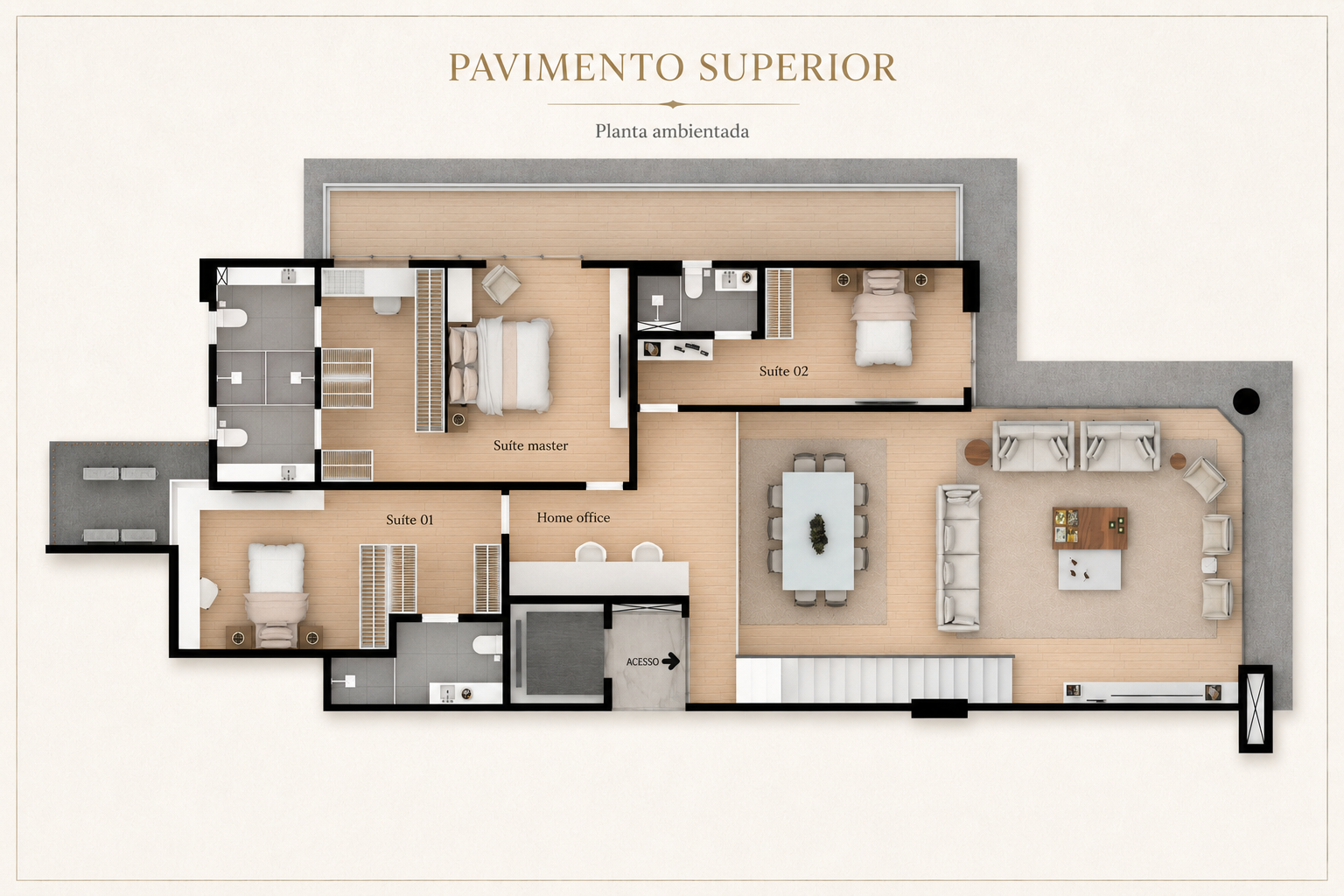 Planta baixa do pavimento superior do duplex Afonso 1095: suíte máster, suíte 01, suíte 02, home office e mezanino sobre a sala