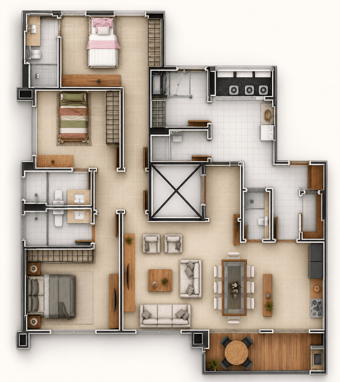 Planta baixa do apartamento Graciliano Ramos: três suítes, sala de estar e jantar integrada à cozinha americana, varanda gourmet, dependência completa e área de serviço